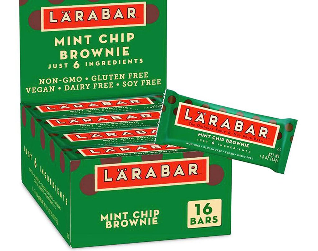 green box of larabar mint chocolate chip brownie snack bars
