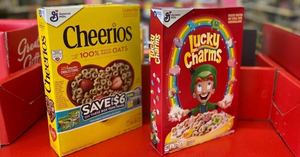 box of cheerios and lucky charms on red platform