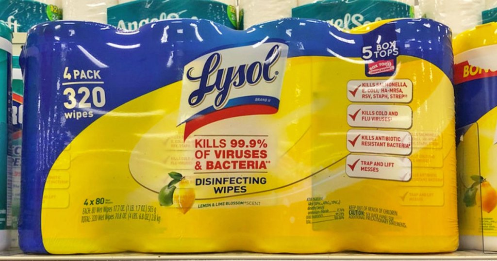 large yellow and blue package of lysol disinfecting wipes on store shelf