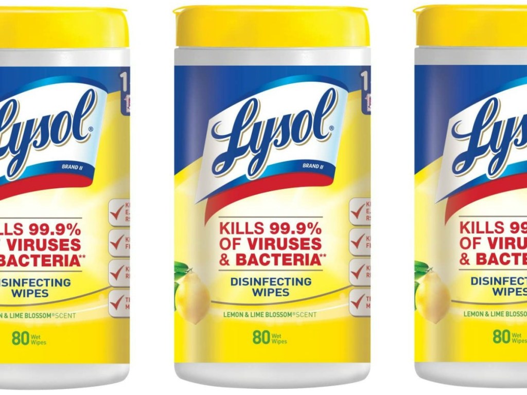 Three containers of Lysol Wipes