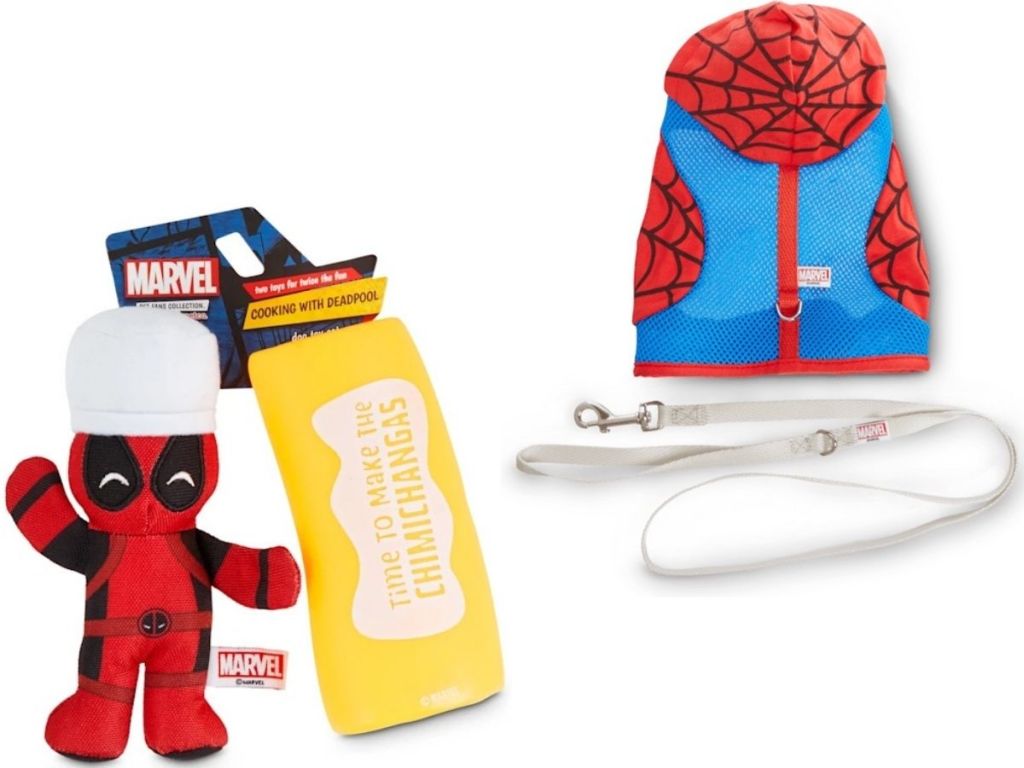 Two Marvel Dog Toys including a Deadpool toy set and a cat harness set