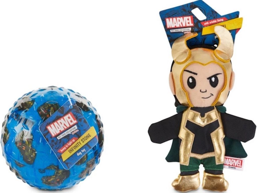 Two Marvel Dog Toys including an Avengers Ball and a Loki Flattie Toy