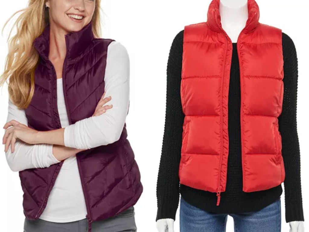 woman wearing burgundy puffer vest next to a bright red orange puffer vest