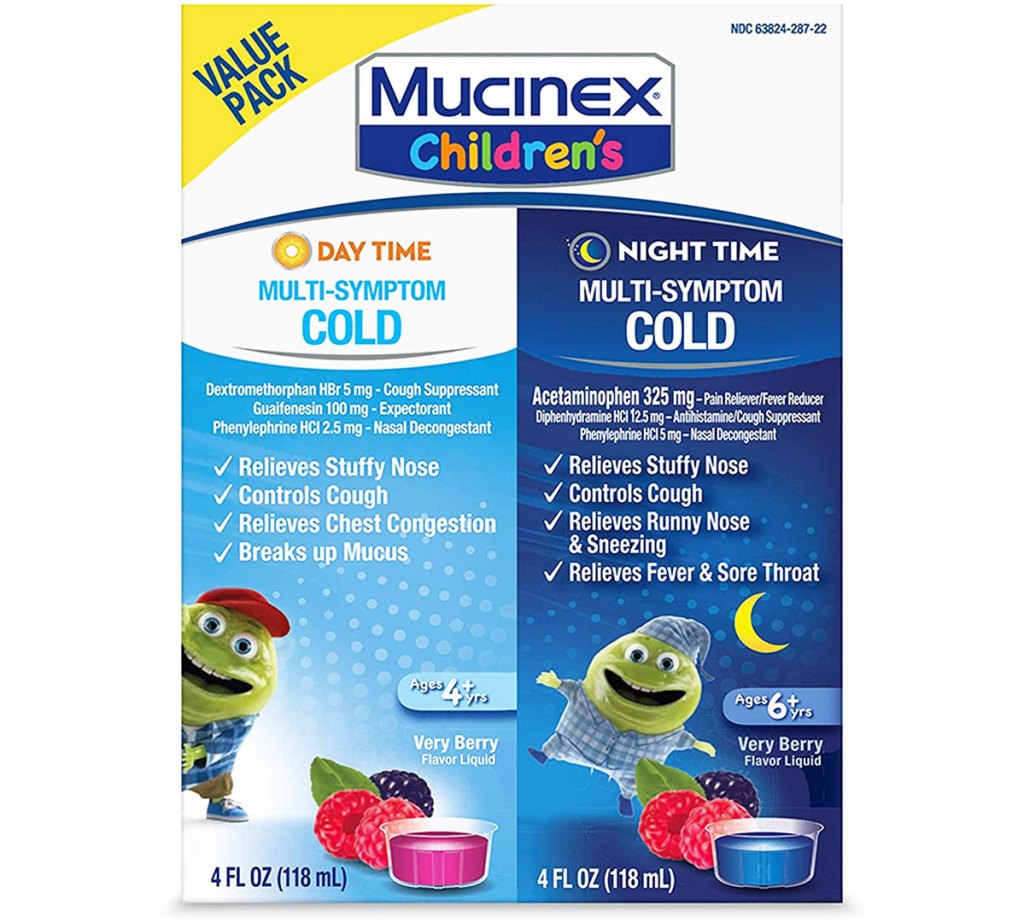 blue and white box of mucinex children's day and night time cold relief