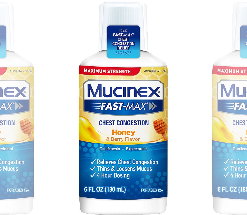 bottle of mucinex maximum strength chest congestion in honey & berry flavor