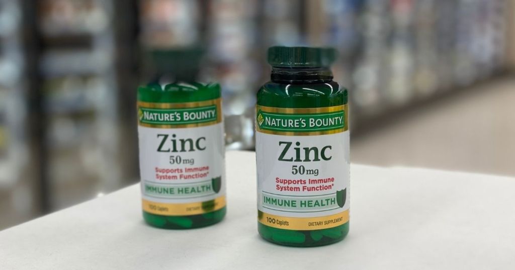 white counter with 2 bottles of Nature's Bounty Zinc 50 mg Caplets