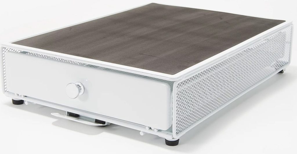 white mesh rolling tray with drawer