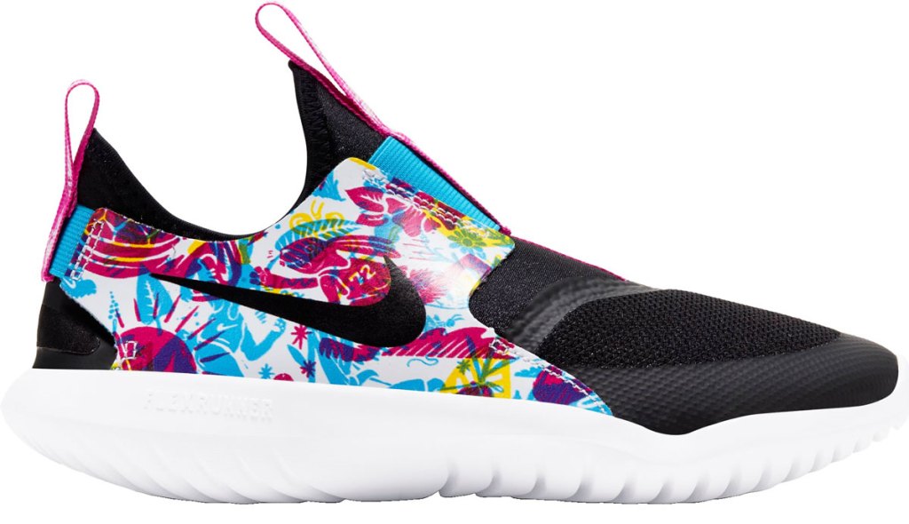 black nike running shoe with pink and blue tropical print on sides