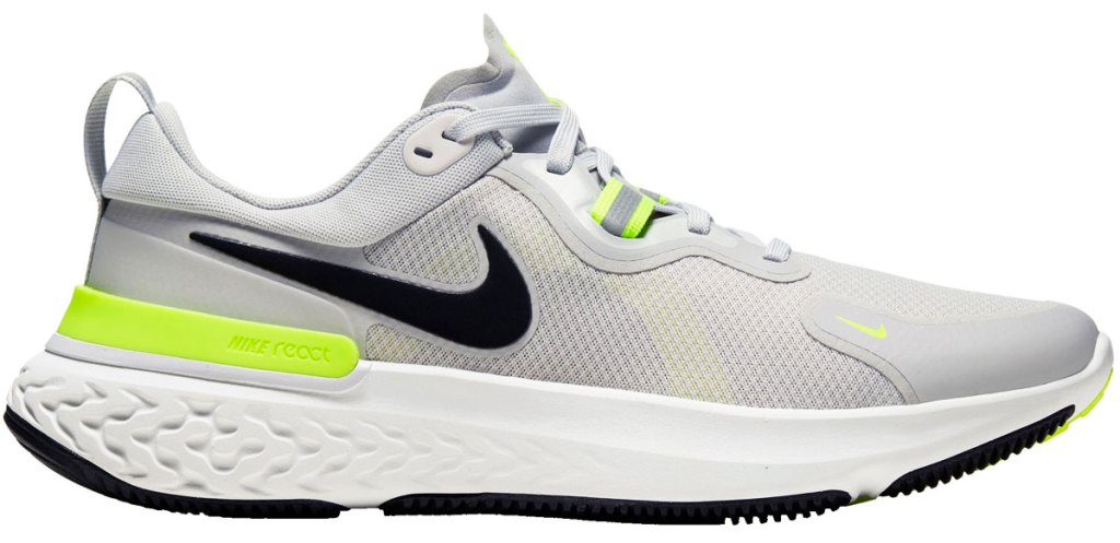 light grey nike mesh running shoe with lime green accents near heel and laces