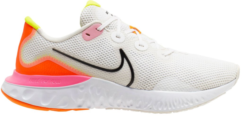 white mesh nike running shoe with hot pink colored around heel