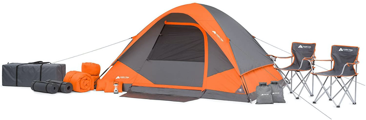stock image of a black and orange tent with accessories
