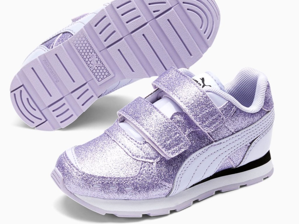 light purple glittery girls velcro sneakers with puma stripe down the side