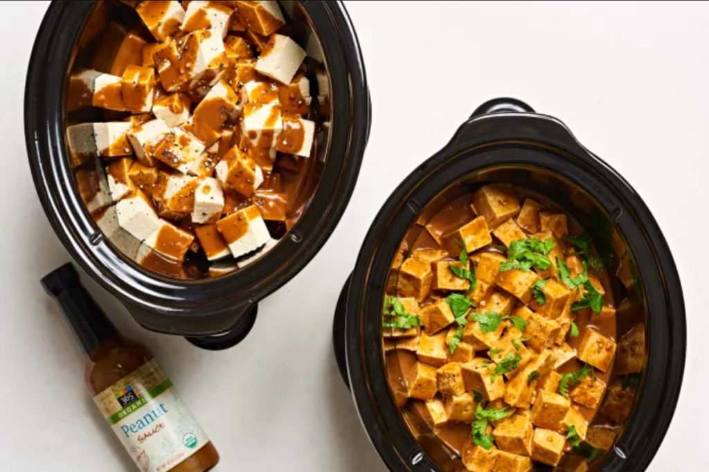 A slow cooker with Peanut Tofu, one of the easy 2 ingredient Crock Pot meals to make