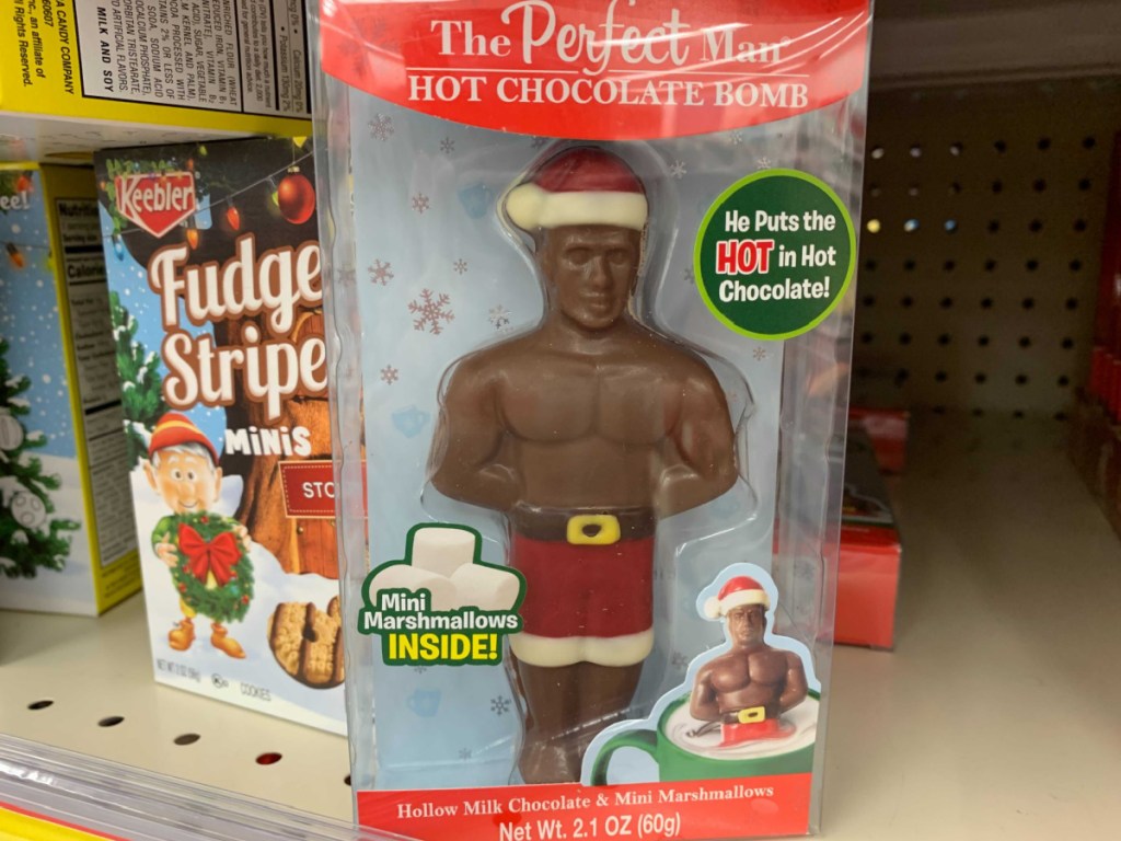 man-shaped hot chocolate bomb on store shelf