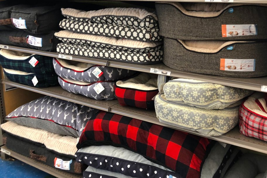 store shelves of dog beds in various christmas prints