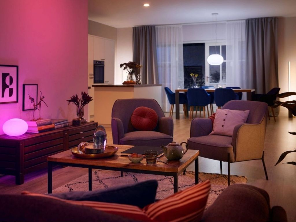 pink lighting in living room area