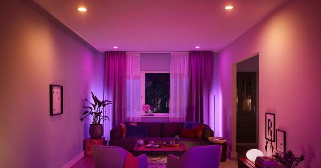 living room with colorful lighting
