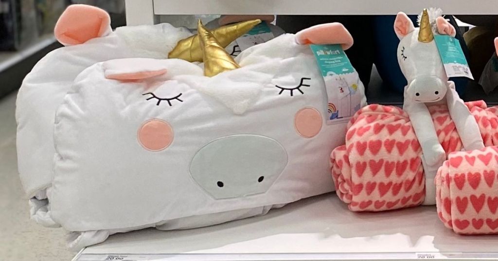 unicorn sleeping bag on table at Target