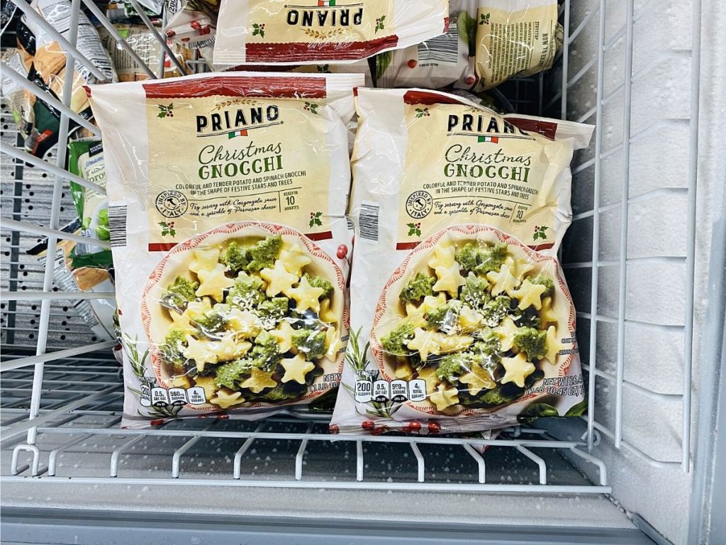 Bags of Priano Christmas Gnocchi in freezer