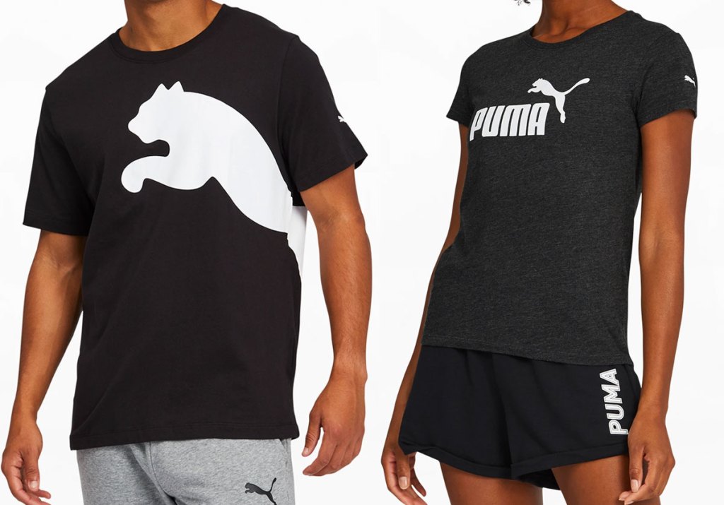 man and woman modeling black tees with white puma logos