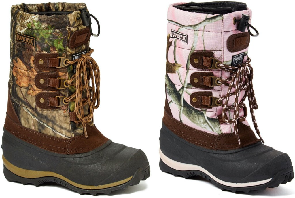 kids moss print winter boot and pink tree camo winter boot