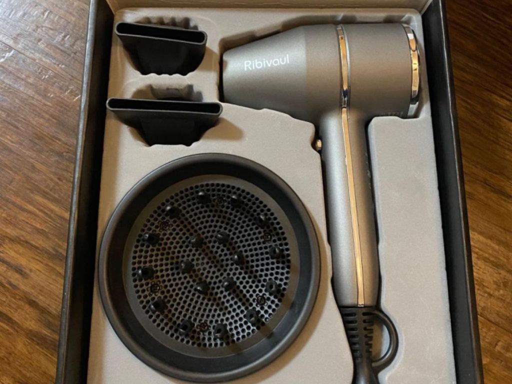silver Ribivaul hair dryer and accessories in box
