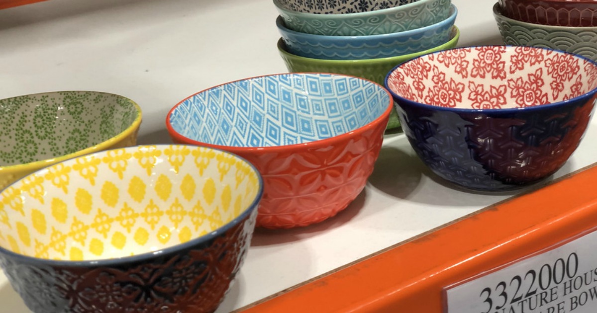 colorful stoneware bowls on a costco shelf