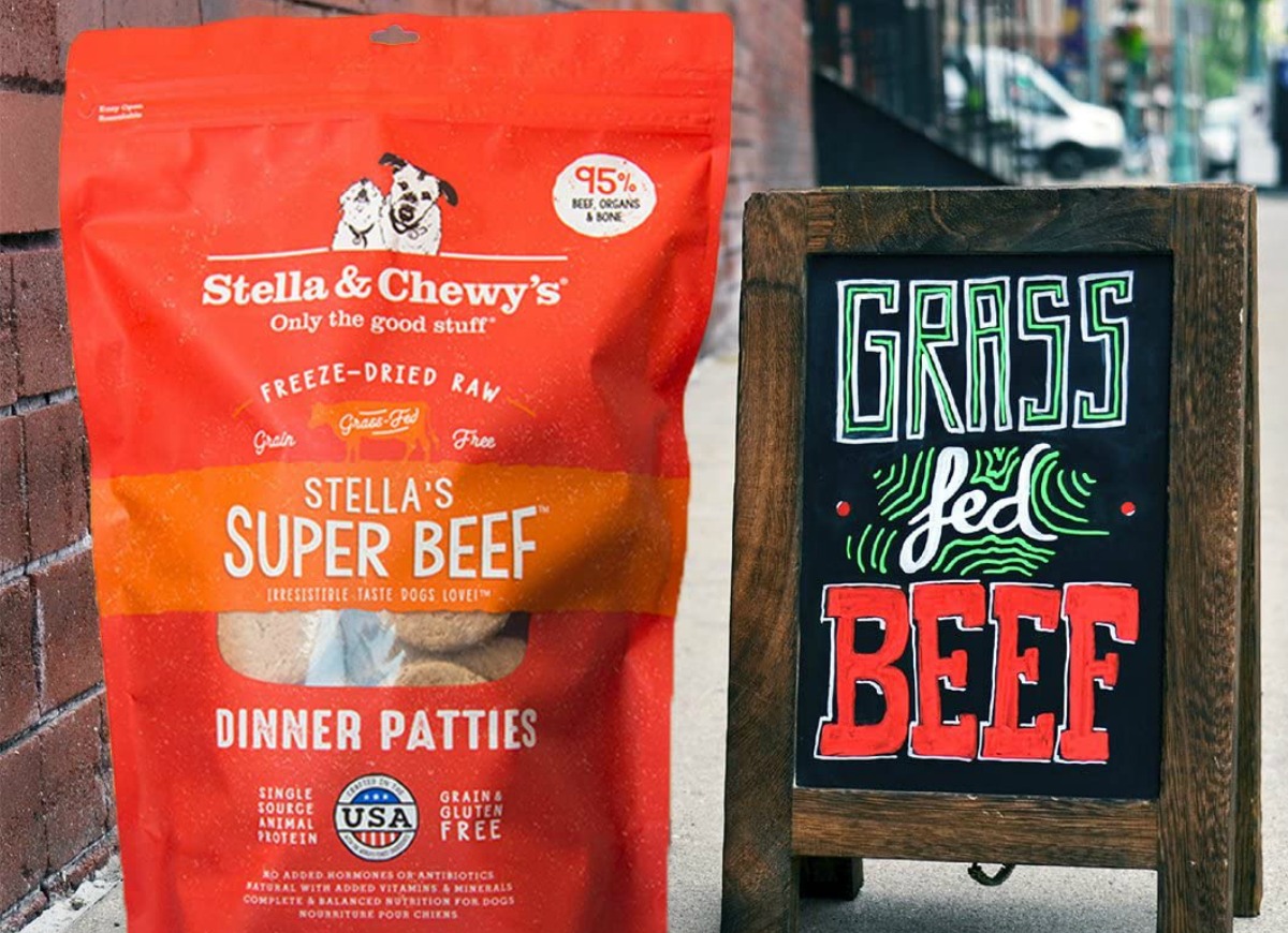 Bag of Stella & Chewy's Freeze-Dried Beef Raw Dinner Patties near sign