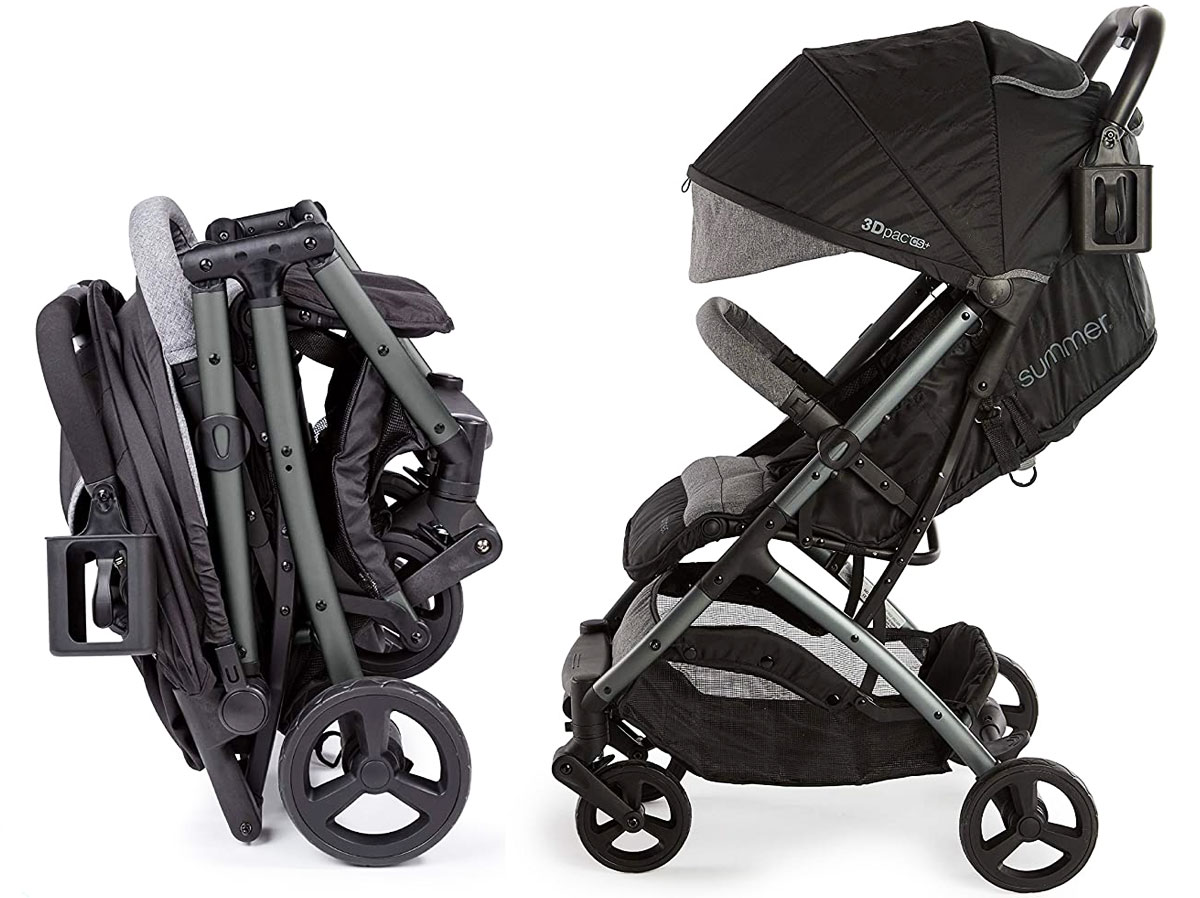 folded up compact travel stroller next to image of stroller in regular position