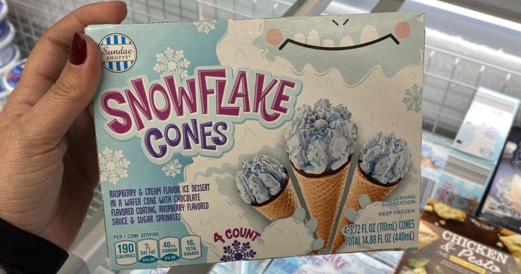hand holding a box of snowflake cones