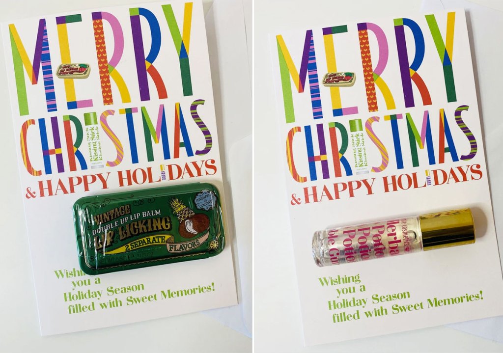two christmas cards with a lip tin and roller ball attached