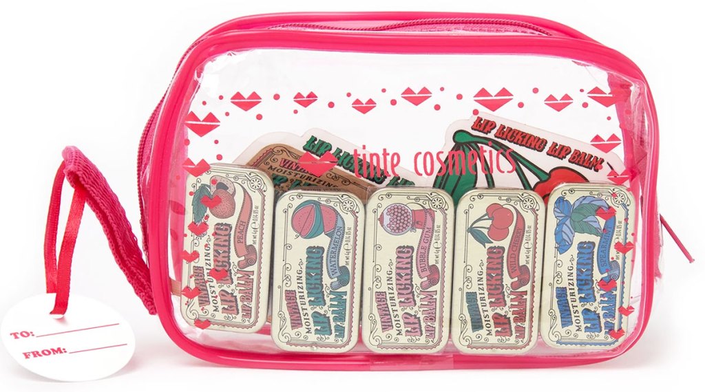pink and clear cosmetic bag with 5 lip tins inside