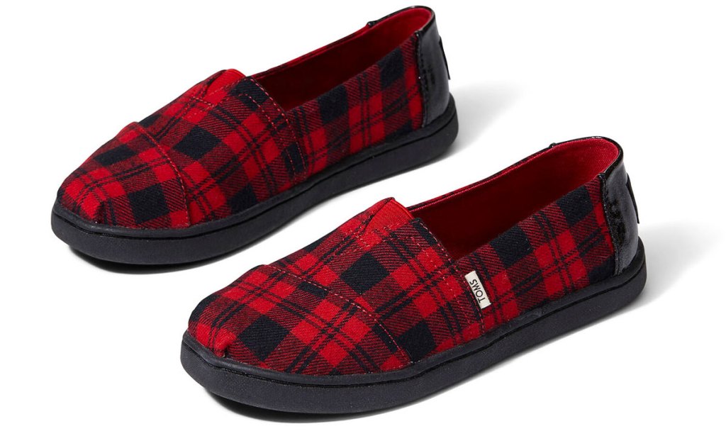 red and black buffalo plaid kids slip-on shoes