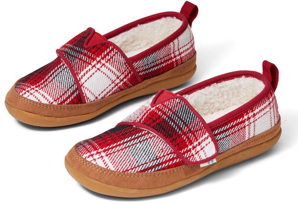 pair of black red and white plaid kids slippers