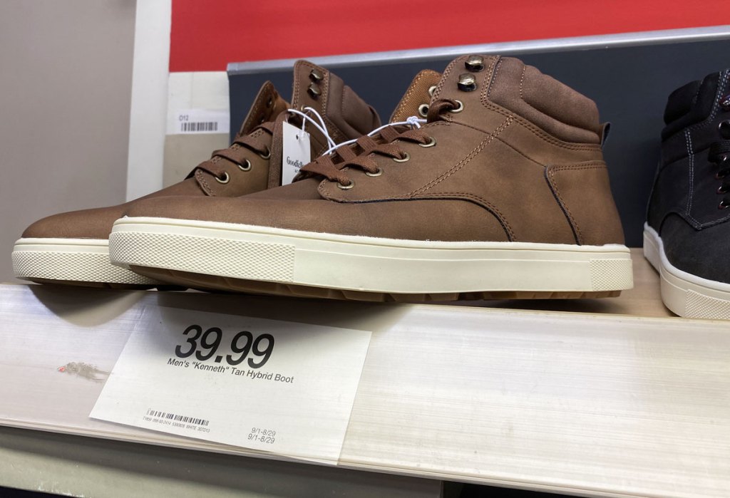 pair of men's brown leather sneaker boots on display at target