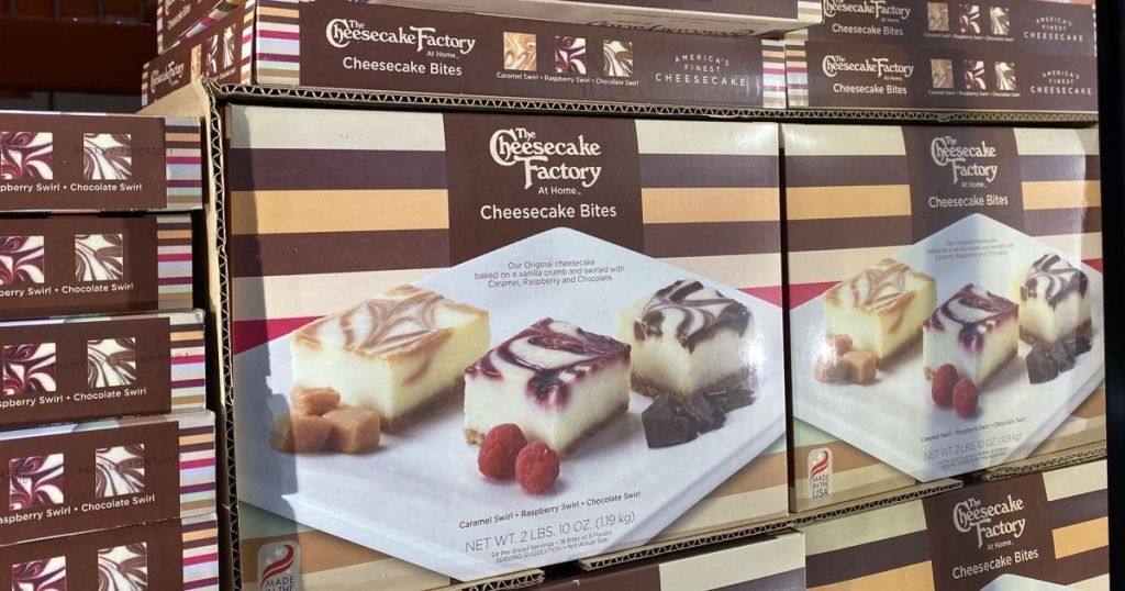 The Cheesecake Factory Cheesecake Bites Boxes stacked in freezer case