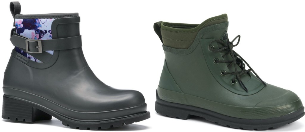 women's black bootie and men's green rain boot