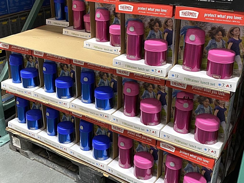 pink and blue Thermos Funtainers on display in store