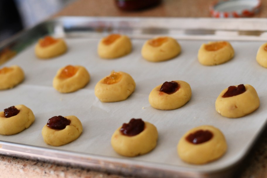 thumbprint jam cookies made from our christmas cookie dough recipe