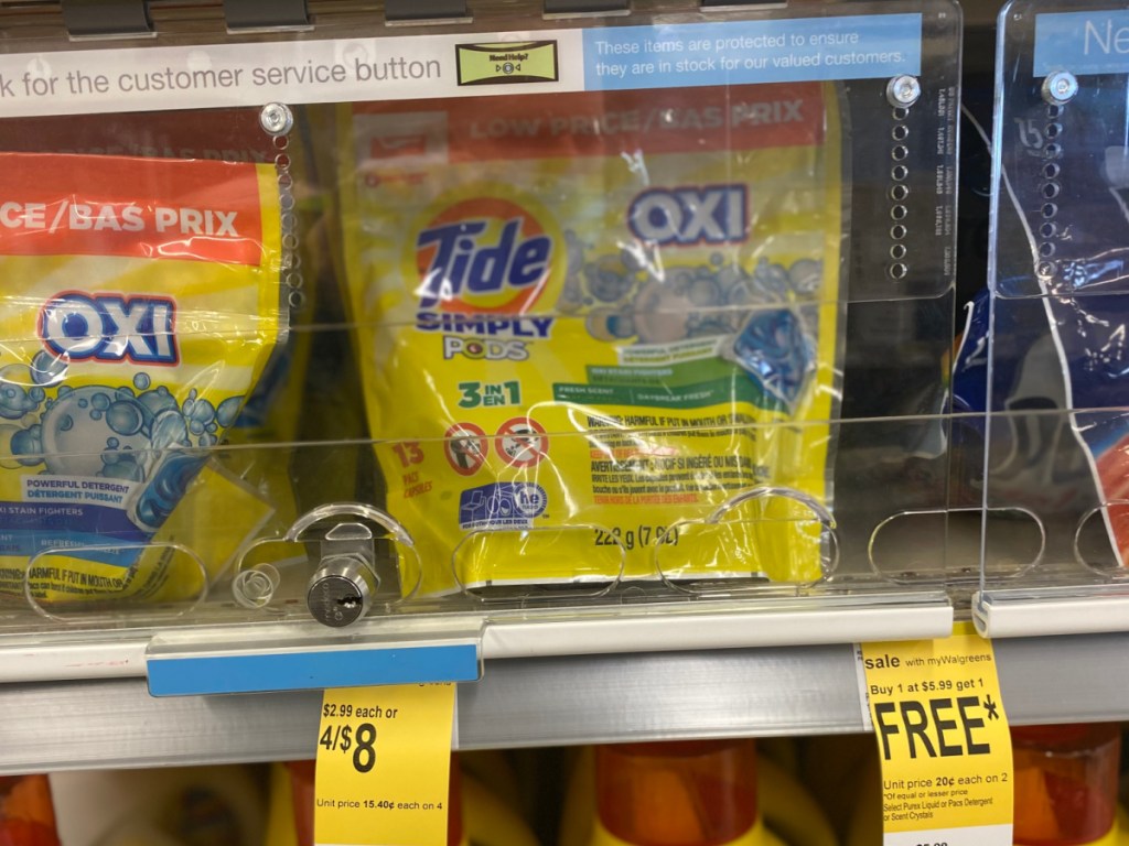 tide simply pods on walgreens store shelf