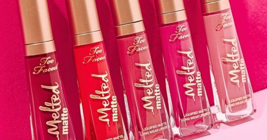 row of too faced lipsticks