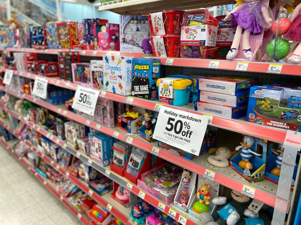 Walgreens Toy Clearance displayed on store shelves