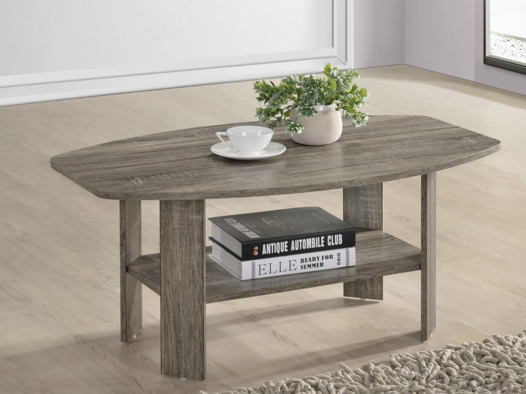 Gray wooden coffee table in living room on hardwood