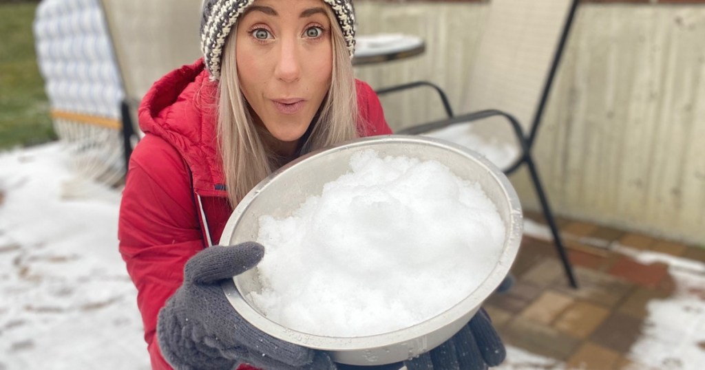Woman Holding Bowl of Snow