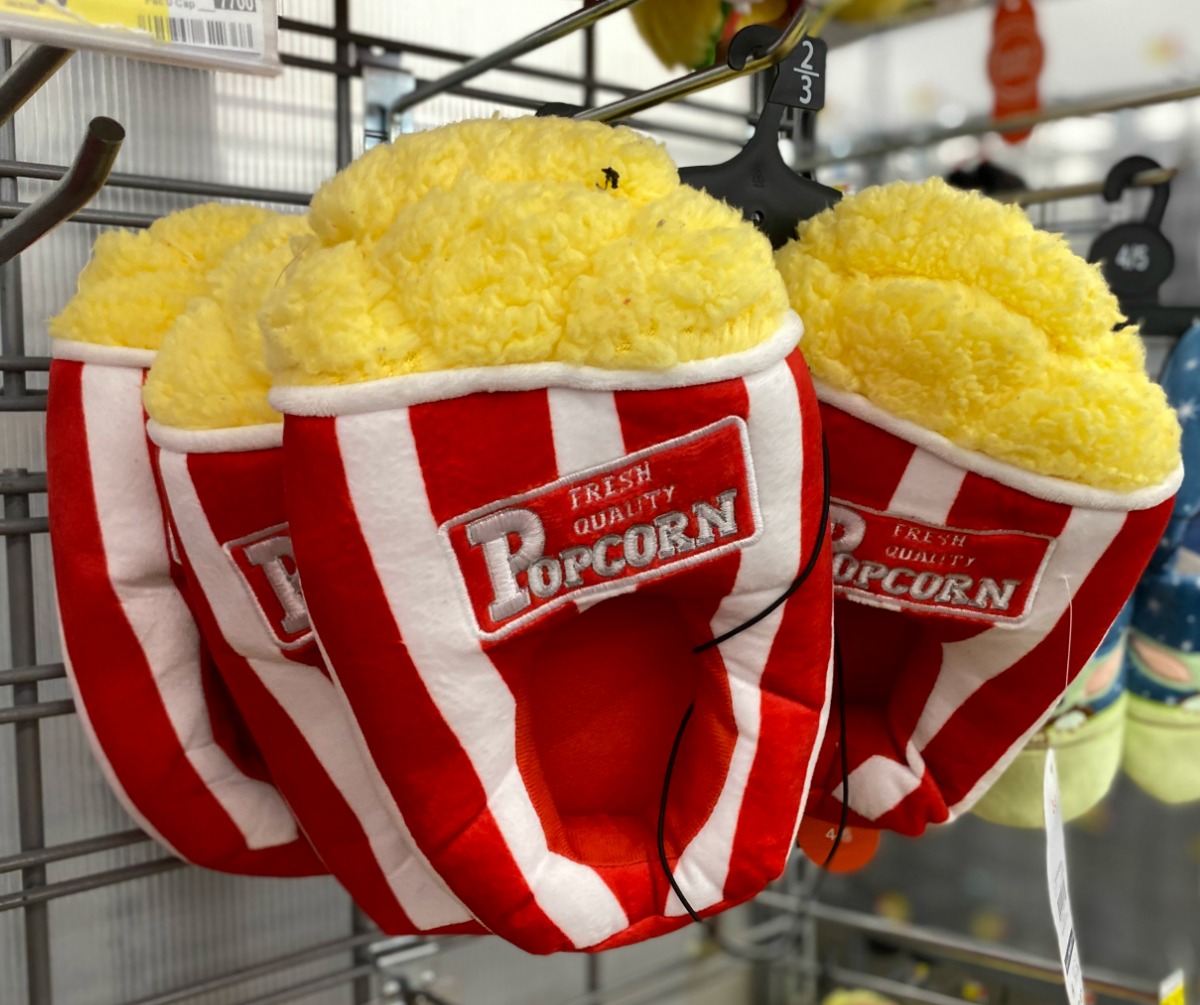 Popcorn themed kids slippers on display in-store
