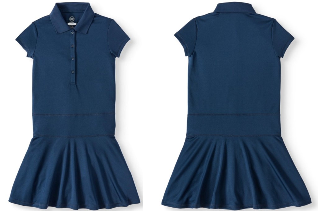 front and back of girls navy blue uniform polo dress