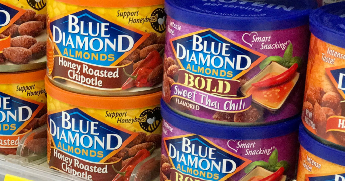 bold blue diamond almonds stacked on shelf