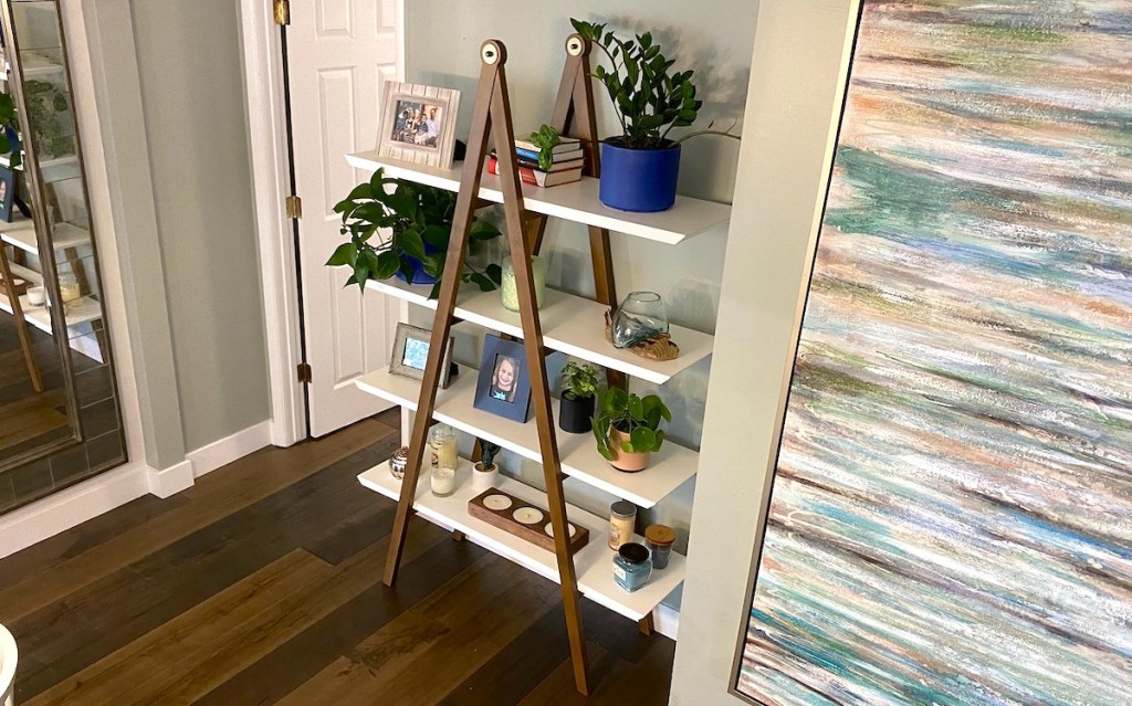 article caliper shelves with various home decor on shelves