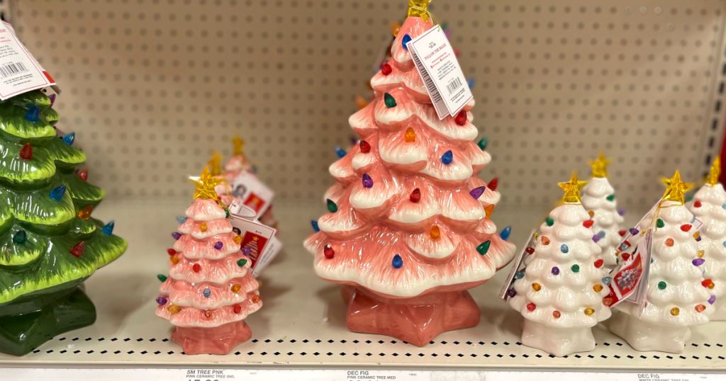 ceramic Christmas trees on shelf at Target 
