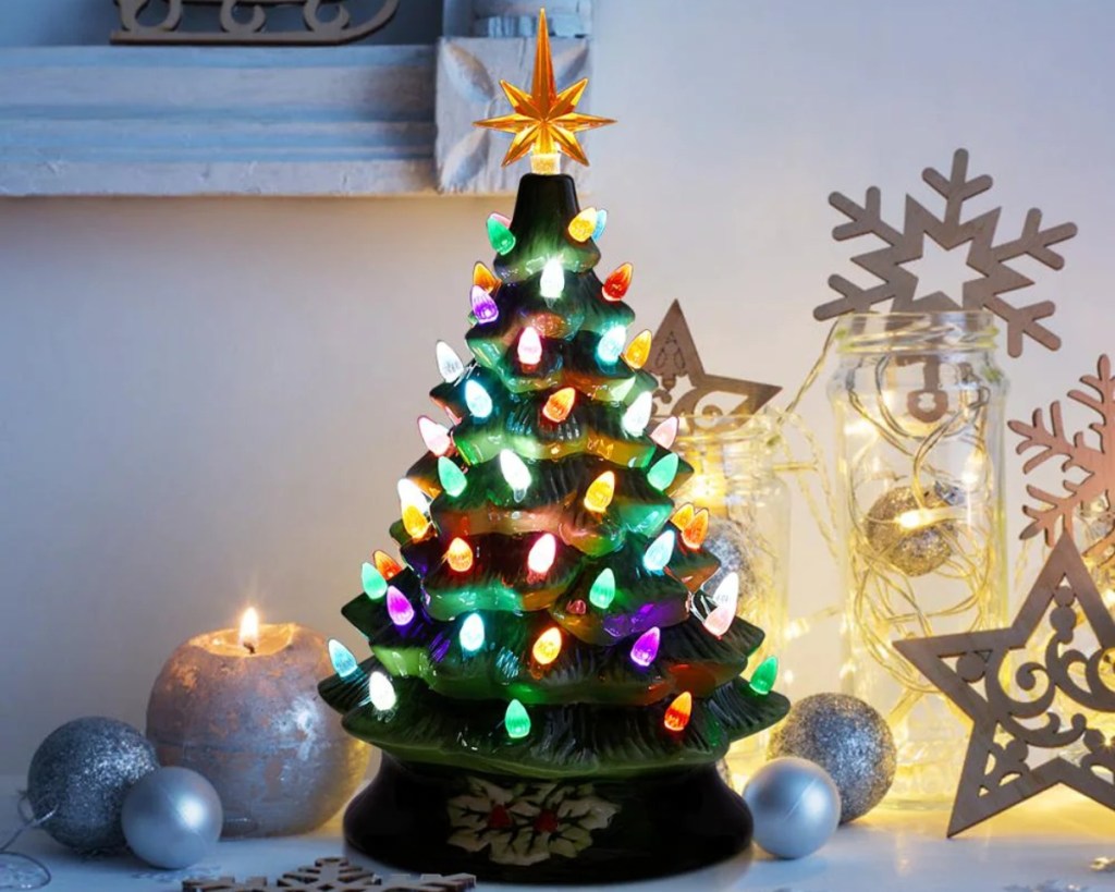 lit ceramic Christmas tree
